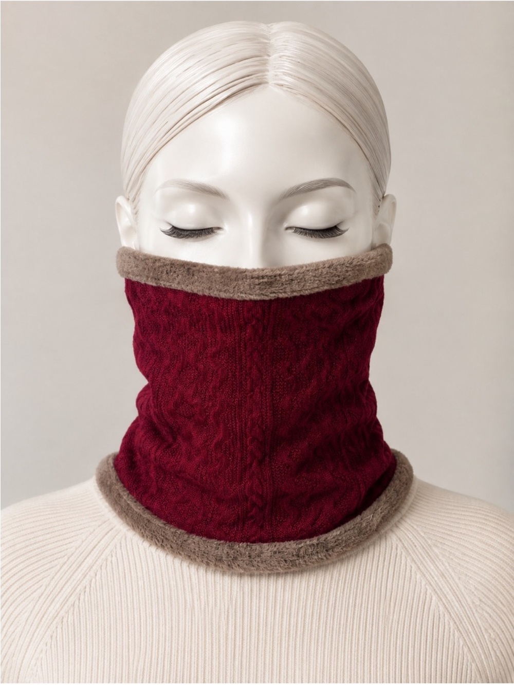 Cozy Cable Knit Neck Warmer - Burgundy with Taupe Trim